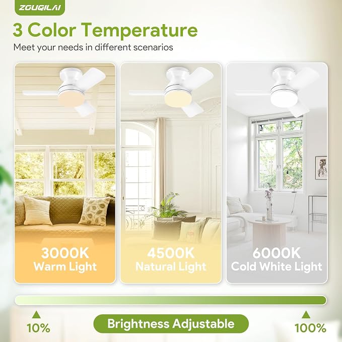 26" White Ceiling Fans with Lights and Remote, Low Profile Ceiling Fan with Light, Reversible DC Motors, 3CCT Dimmable Timer
