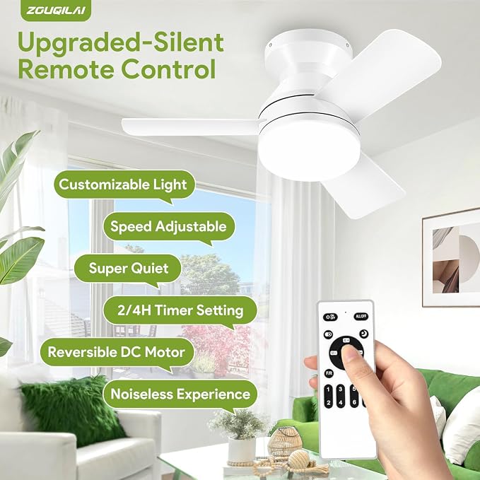 26" White Ceiling Fans with Lights and Remote, Low Profile Ceiling Fan with Light, Reversible DC Motors, 3CCT Dimmable Timer