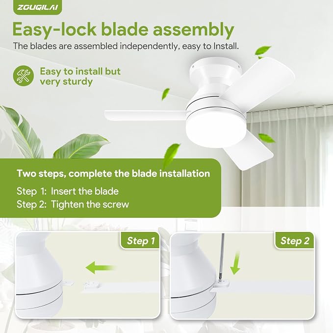 26" White Ceiling Fans with Lights and Remote, Low Profile Ceiling Fan with Light, Reversible DC Motors, 3CCT Dimmable Timer