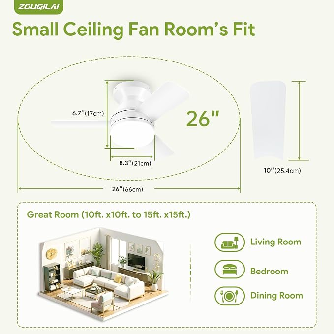 26" White Ceiling Fans with Lights and Remote, Low Profile Ceiling Fan with Light, Reversible DC Motors, 3CCT Dimmable Timer