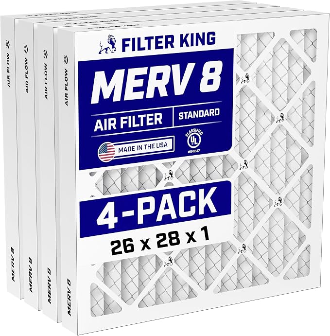 26x28x1 Air Filter (MERV 8) (4-Pack) Dust & Allergy Control AC Furnace Filters, MADE IN USA, HVAC, Pleated, product image