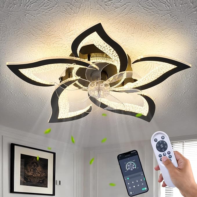 27" Black Geometric Ceiling Fan Lights with Remote, 6 Speeds Adjustable Low Profile Flush Mount Ceiling Fan with Light for