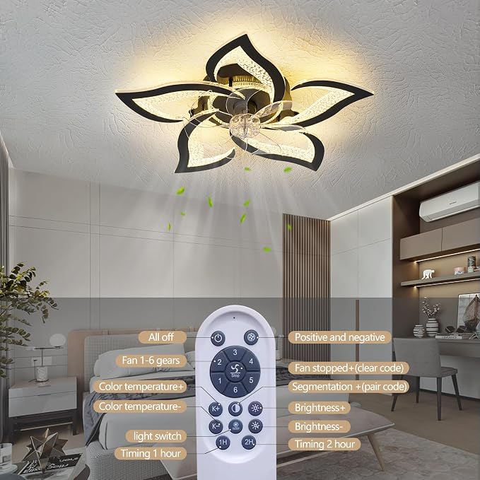 27" Black Geometric Ceiling Fan Lights with Remote, 6 Speeds Adjustable Low Profile Flush Mount Ceiling Fan with Light for