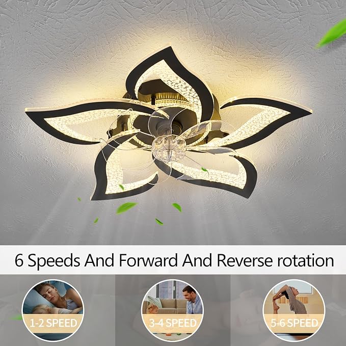27" Black Geometric Ceiling Fan Lights with Remote, 6 Speeds Adjustable Low Profile Flush Mount Ceiling Fan with Light for