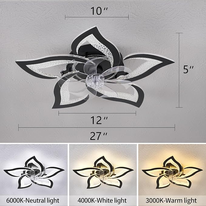 27" Black Geometric Ceiling Fan Lights with Remote, 6 Speeds Adjustable Low Profile Flush Mount Ceiling Fan with Light for