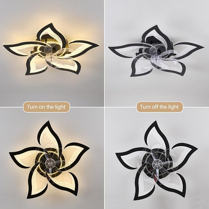 27" Black Geometric Ceiling Fan Lights with Remote, 6 Speeds Adjustable Low Profile Flush Mount Ceiling Fan with Light for