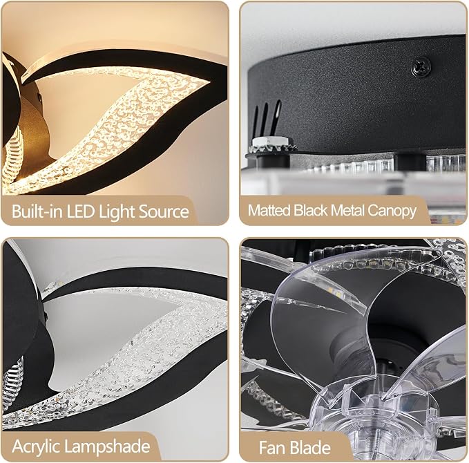 27" Black Geometric Ceiling Fan Lights with Remote, 6 Speeds Adjustable Low Profile Flush Mount Ceiling Fan with Light for