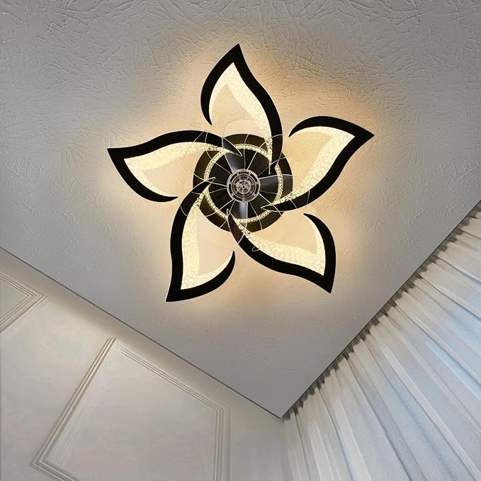 27" Black Geometric Ceiling Fan Lights with Remote, 6 Speeds Adjustable Low Profile Flush Mount Ceiling Fan with Light for