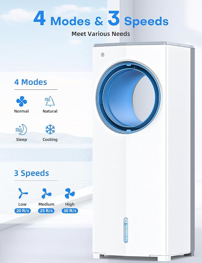 27 INCH Evaporative Air Cooler, Windowless Swamp Cooler Portable Air Conditioners w/Normal/Natural/Sleep/Cooling Mode,3