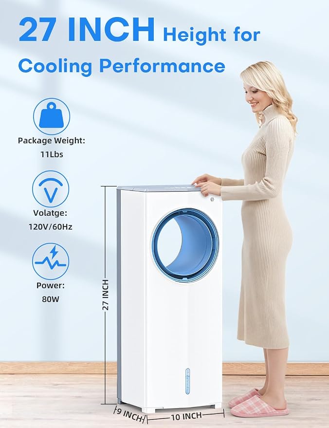 27 INCH Evaporative Air Cooler, Windowless Swamp Cooler Portable Air Conditioners w/Normal/Natural/Sleep/Cooling Mode,3