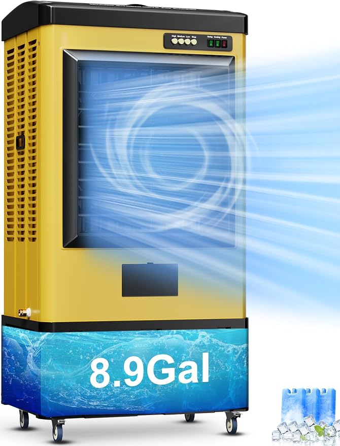 2700 CFM Swamp Cooler, 36IN Evaporative Air Cooler with 8.9 Gal Water Tank, 3 Speeds, 120°Oscillation, 3 Ice Packs, Outdoor