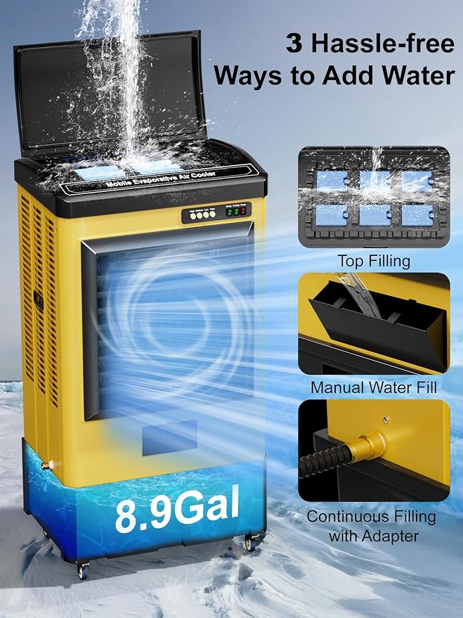 2700 CFM Swamp Cooler, 36IN Evaporative Air Cooler with 8.9 Gal Water Tank, 3 Speeds, 120°Oscillation, 3 Ice Packs, Outdoor