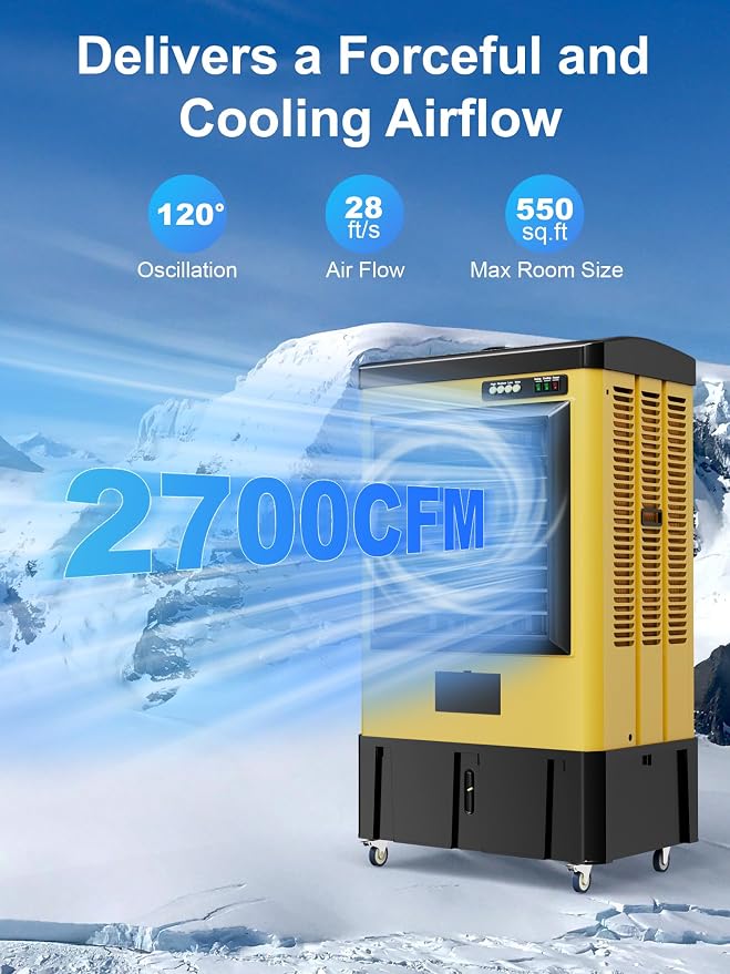 2700 CFM Swamp Cooler, 36IN Evaporative Air Cooler with 8.9 Gal Water Tank, 3 Speeds, 120°Oscillation, 3 Ice Packs, Outdoor