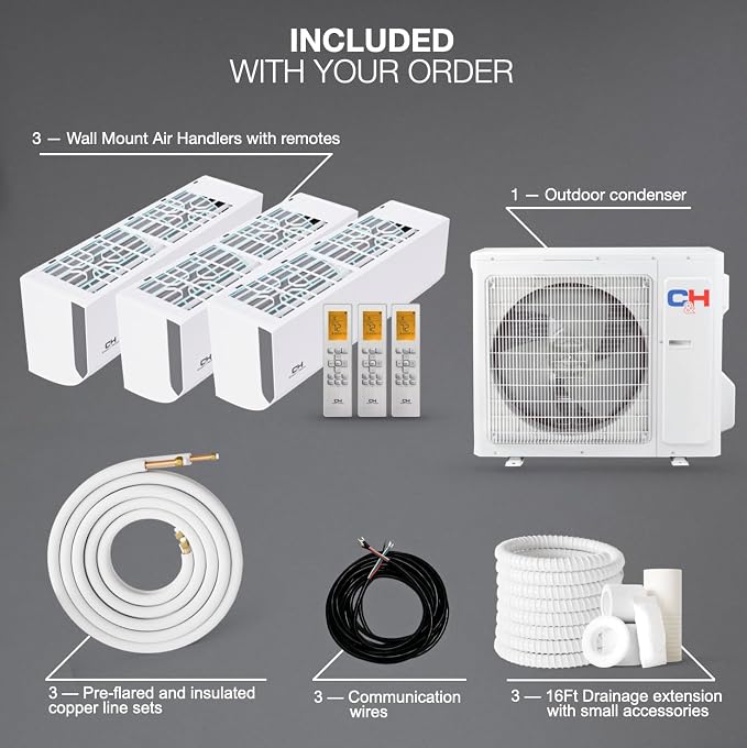 28,000 BTU, 3 Zone 9000 9000 9000 BTU, 24.6 SEER2, Multi Zone Ductless Mini Split Air Conditioner Heat Pump Full Set with