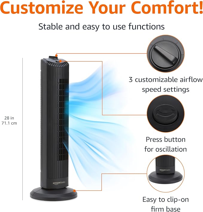 28" 60-Degree Oscillating Tower Fan with Powerful Airflow for Bedroom, Living Room, Office, 3 Speeds, Mechanical Control, Air