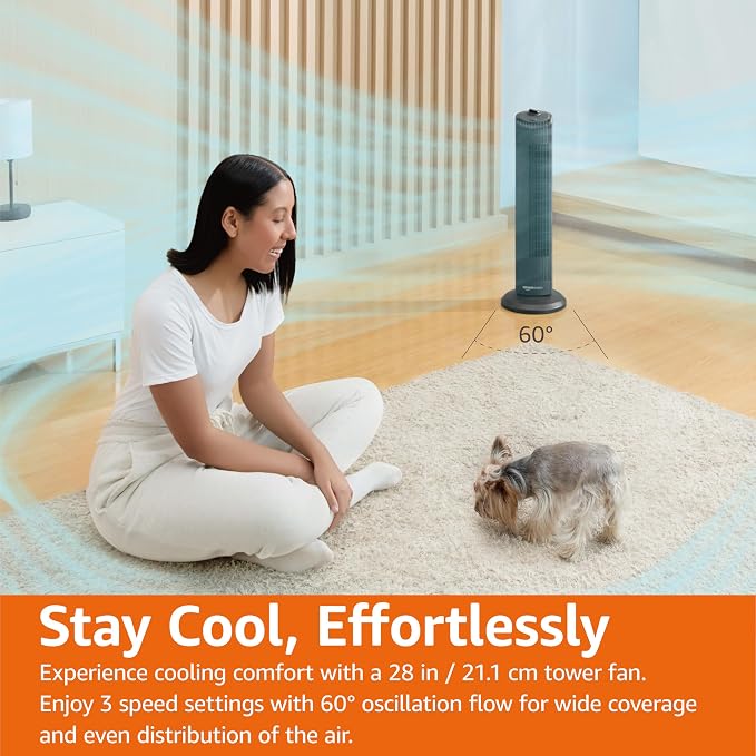 28" 60-Degree Oscillating Tower Fan with Powerful Airflow for Bedroom, Living Room, Office, 3 Speeds, Mechanical Control, Air