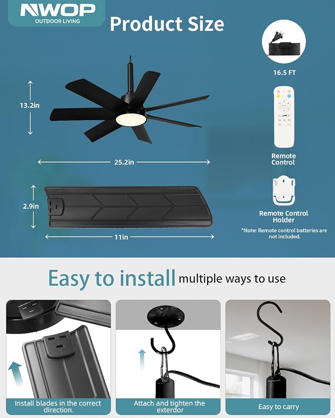 28 Inch Plug-In Outdoor Ceiling Fan with Lights and Remote, LED Gazebo Hanging Fan with Hook, 3CCT 3000K-6500K Dimmable