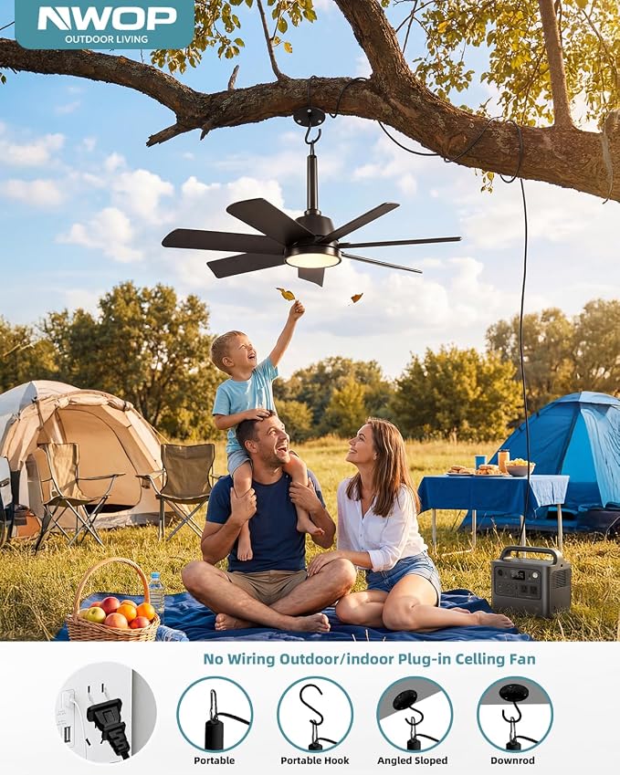 28 Inch Plug-In Outdoor Ceiling Fan with Lights and Remote, LED Gazebo Hanging Fan with Hook, 3CCT 3000K-6500K Dimmable