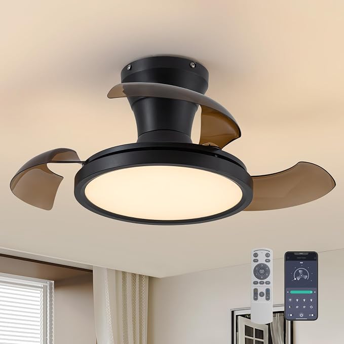 28 Inch Retractable Ceiling Fan with Light Remote Dimmable 6 Speed Reversible Small Light Ceiling Fixtures Modern Bladeless
