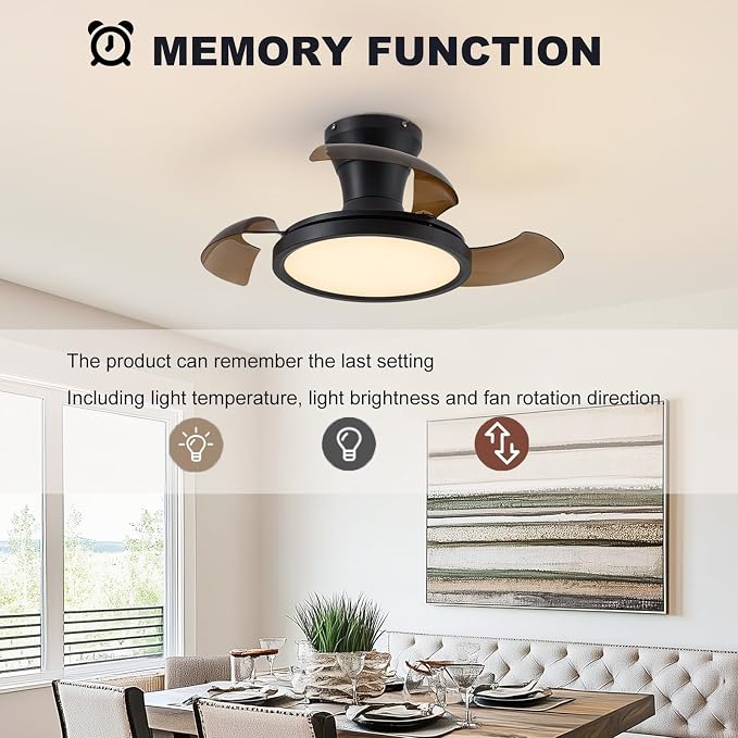28 Inch Retractable Ceiling Fan with Light Remote Dimmable 6 Speed Reversible Small Light Ceiling Fixtures Modern Bladeless