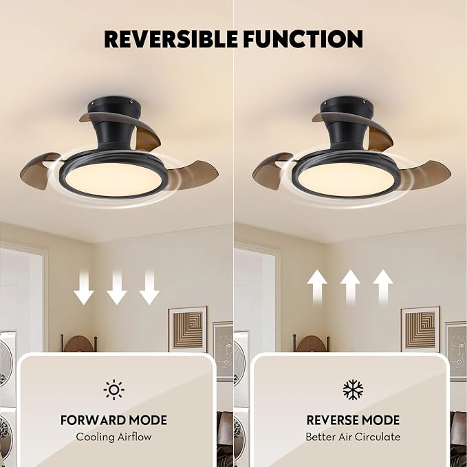 28 Inch Retractable Ceiling Fan with Light Remote Dimmable 6 Speed Reversible Small Light Ceiling Fixtures Modern Bladeless