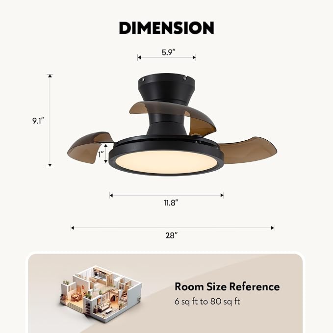 28 Inch Retractable Ceiling Fan with Light Remote Dimmable 6 Speed Reversible Small Light Ceiling Fixtures Modern Bladeless