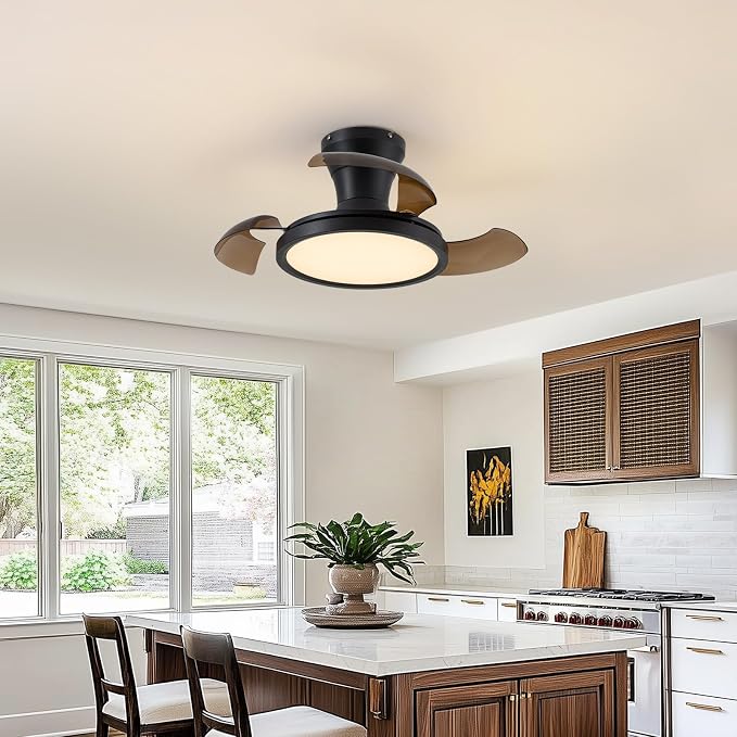 28 Inch Retractable Ceiling Fan with Light Remote Dimmable 6 Speed Reversible Small Light Ceiling Fixtures Modern Bladeless