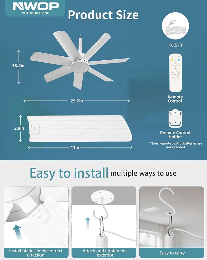 28'' Outdoor Ceiling Fans with Lights and Remote, LED Gazebo Hanging Fan with Hook, 3CCT 3000K-6500K Dimmable Gazebo Fan