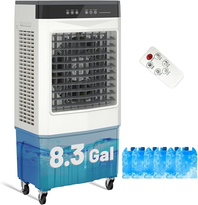 2800CFM Swamp Cooler, 8.3 Gal 3-in-1 Portable Evaporative Air Cooler with Remote, 120° Oscillation, 3 Speeds, 12H Timer, 6