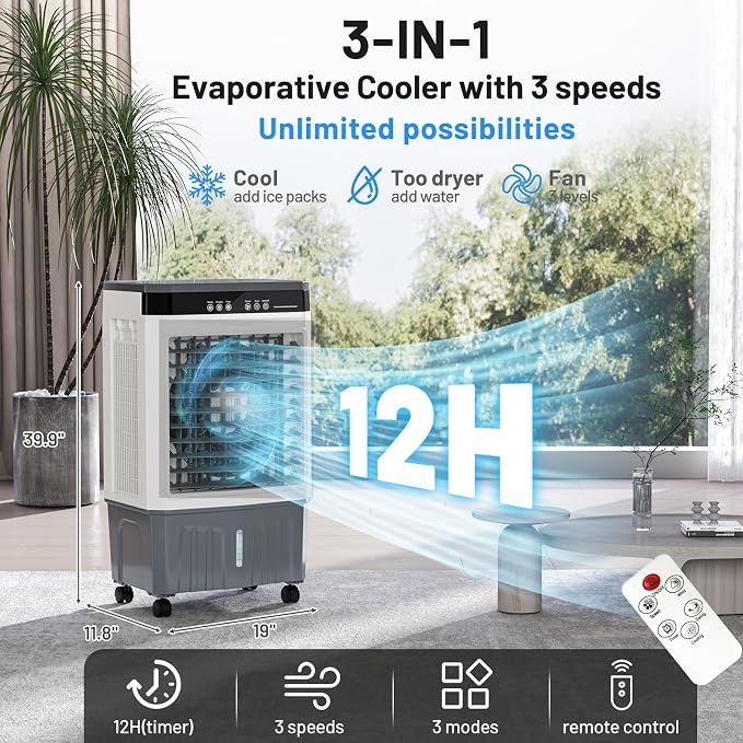 2800CFM Swamp Cooler, 8.3 Gal 3-in-1 Portable Evaporative Air Cooler with Remote, 120° Oscillation, 3 Speeds, 12H Timer, 6
