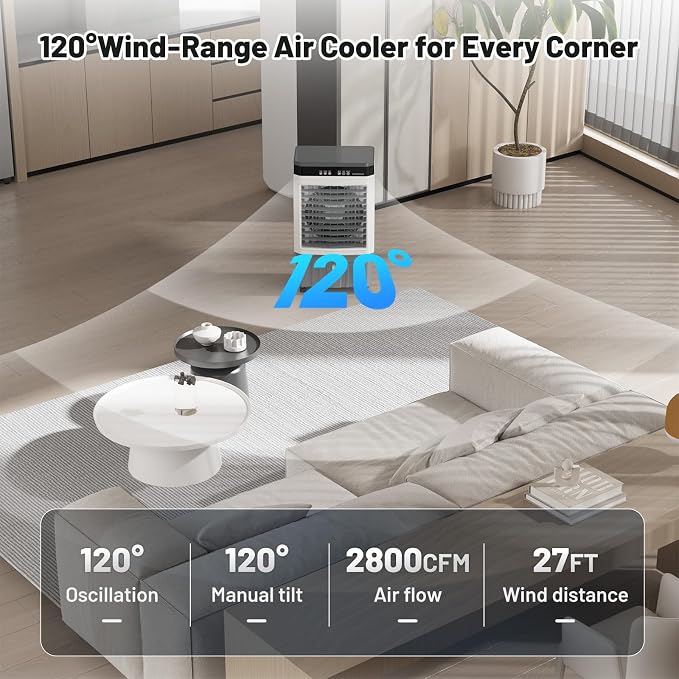 2800CFM Swamp Cooler, 8.3 Gal 3-in-1 Portable Evaporative Air Cooler with Remote, 120° Oscillation, 3 Speeds, 12H Timer, 6
