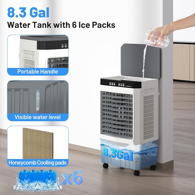 2800CFM Swamp Cooler, 8.3 Gal 3-in-1 Portable Evaporative Air Cooler with Remote, 120° Oscillation, 3 Speeds, 12H Timer, 6