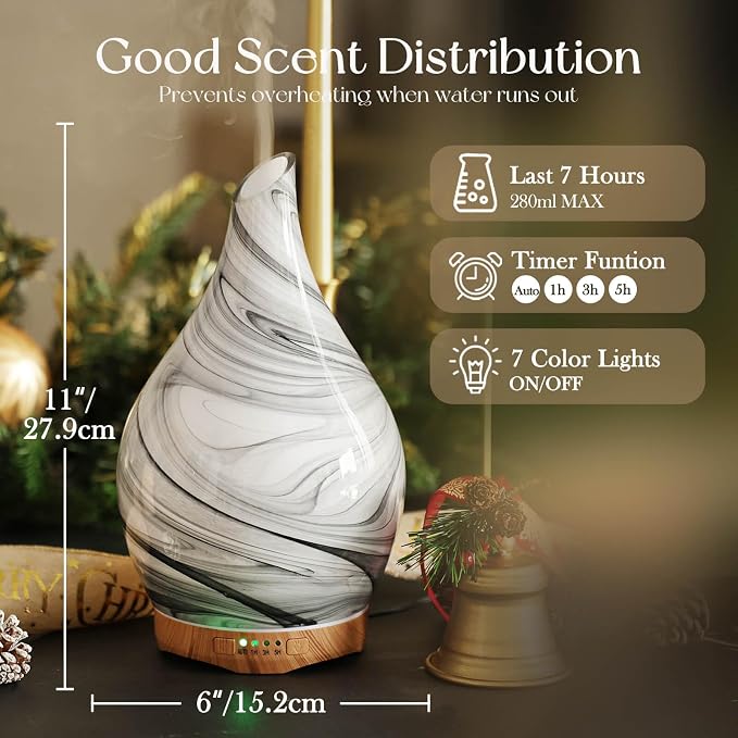 280ml Essential Oil Diffuser Glass Color Changing Aroma Air Diffusers Aromatherapy Ultrasonic Cool Mist Humidifier 7 Running