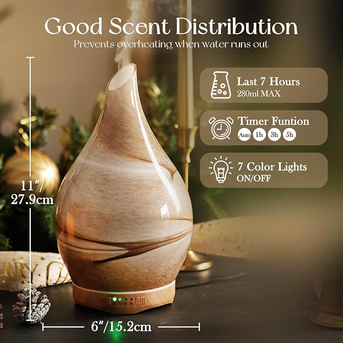 280ml Essential Oil Diffuser Glass Color Changing Aroma Air Diffusers Aromatherapy Ultrasonic Cool Mist Humidifier 7 Running