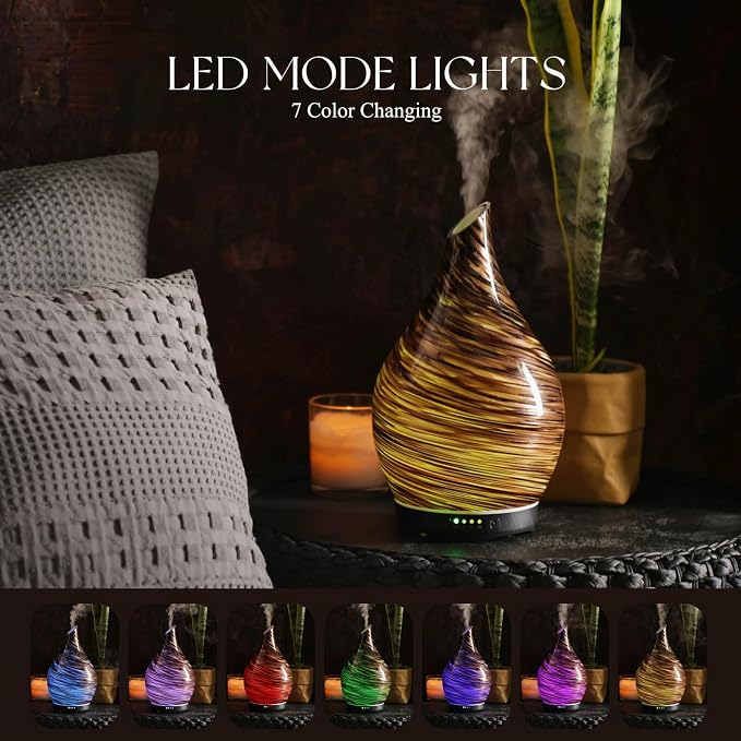 280ml Essential Oil Diffuser Glass Color Changing Aroma Air Diffusers Aromatherapy Ultrasonic Cool Mist Humidifier 7 Running