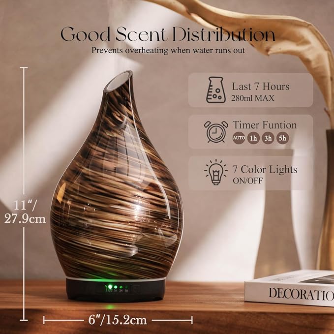 280ml Essential Oil Diffuser Glass Color Changing Aroma Air Diffusers Aromatherapy Ultrasonic Cool Mist Humidifier 7 Running