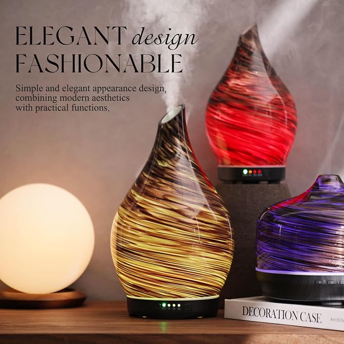280ml Essential Oil Diffuser Glass Color Changing Aroma Air Diffusers Aromatherapy Ultrasonic Cool Mist Humidifier 7 Running
