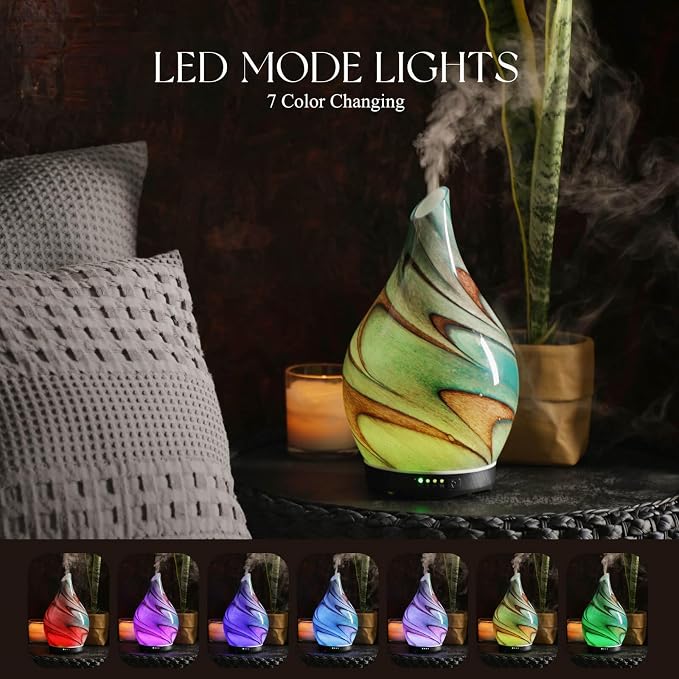 280ml Essential Oil Diffuser Glass Color Changing Aroma Air Diffusers Aromatherapy Ultrasonic Cool Mist Humidifier 7 Running