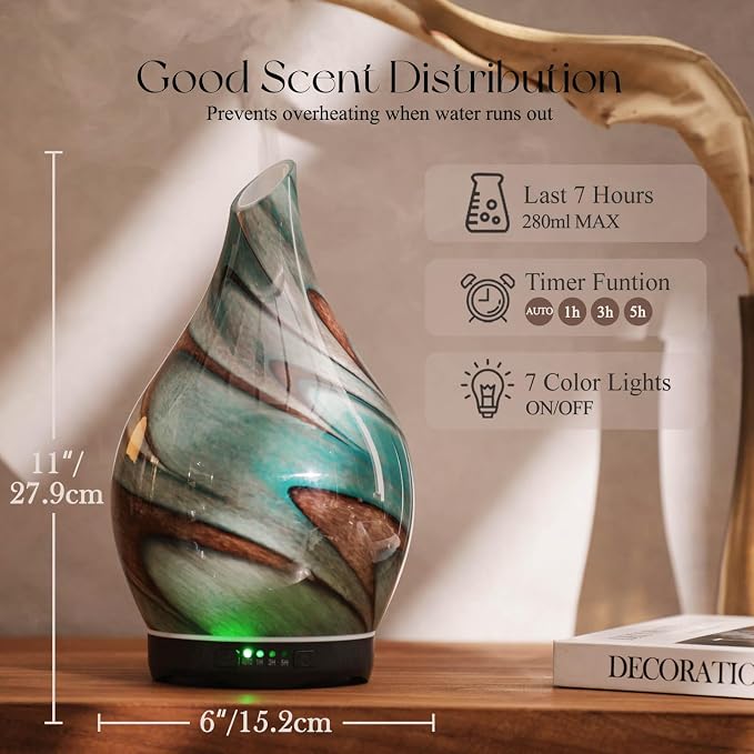 280ml Essential Oil Diffuser Glass Color Changing Aroma Air Diffusers Aromatherapy Ultrasonic Cool Mist Humidifier 7 Running
