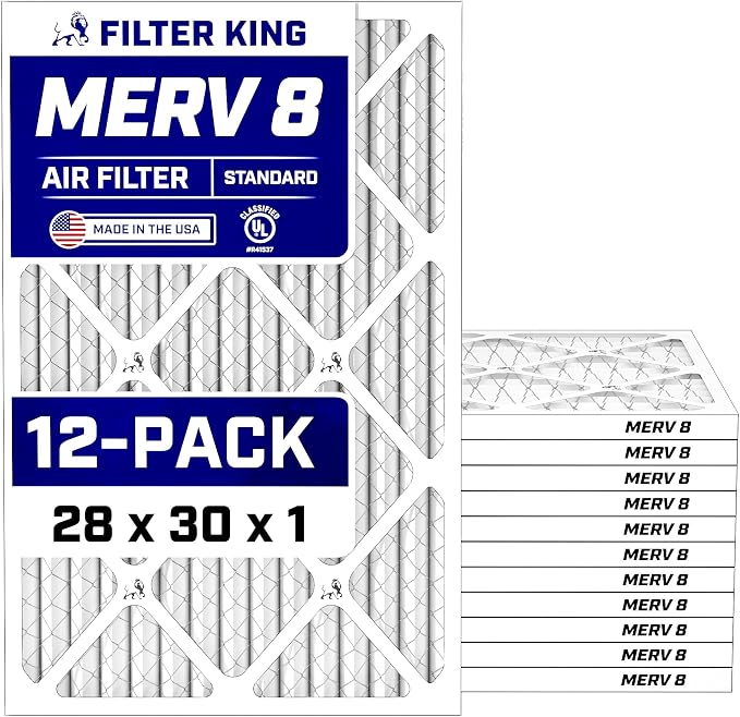28x30x1 Air Filter (MERV 8) (12-Pack) Dust & Allergy Control AC Furnace Filters, MADE IN USA, HVAC, Pleated, product image