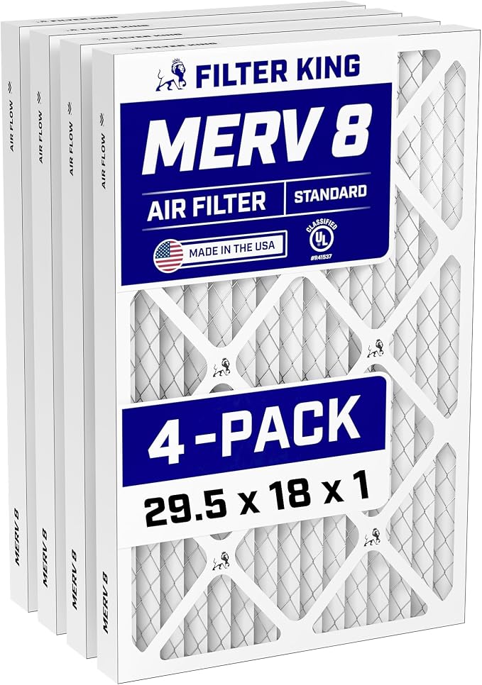 29.5x18x1 Air Filter (MERV 8) (4-Pack) Dust & Allergy Control AC Furnace Filters, MADE IN USA, HVAC, Pleated, product image