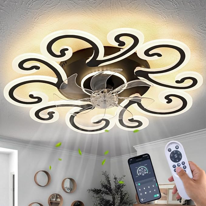29" Black Flower Modern Ceiling Fan with Lights Remote Control, Low Profile Ceiling Fan with Light for Kitchen Bedroom Living