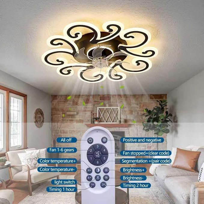 29" Black Flower Modern Ceiling Fan with Lights Remote Control, Low Profile Ceiling Fan with Light for Kitchen Bedroom Living