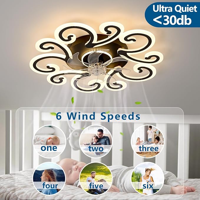 29" Black Flower Modern Ceiling Fan with Lights Remote Control, Low Profile Ceiling Fan with Light for Kitchen Bedroom Living