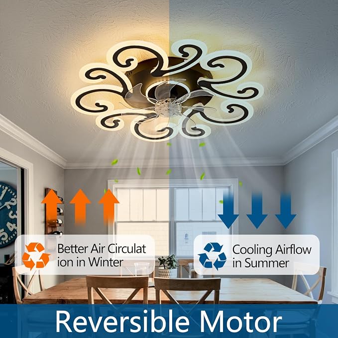 29" Black Flower Modern Ceiling Fan with Lights Remote Control, Low Profile Ceiling Fan with Light for Kitchen Bedroom Living