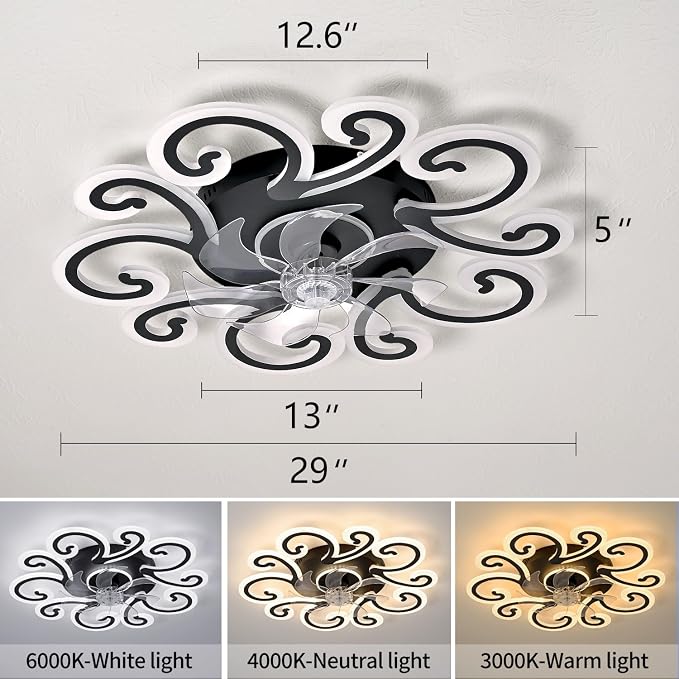 29" Black Flower Modern Ceiling Fan with Lights Remote Control, Low Profile Ceiling Fan with Light for Kitchen Bedroom Living