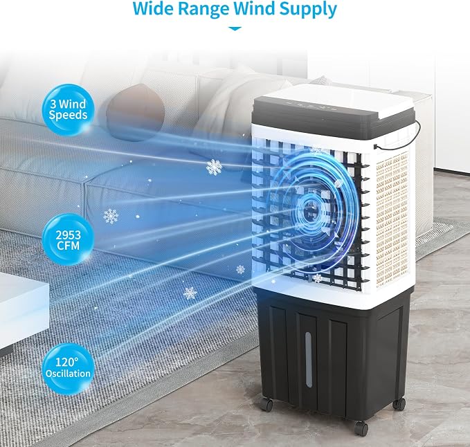 2953CFM Evaporative Air Cooler, 3-in-1 Portable Swamp Cooler with Cooling,Fan & Humidifier,120° Oscillation,3 Wind