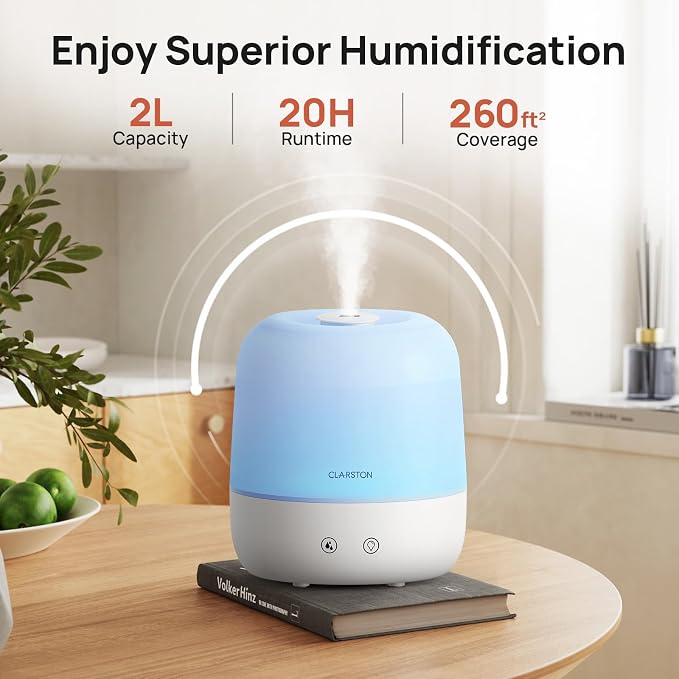 2L Cool Mist Humidifier for Bedroom with 360° Adjustable Nozzle, High and Low Mist Levels, Ultra-Low Noise, Light-Off, No