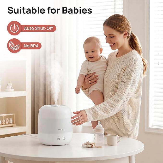 2L Cool Mist Humidifier for Bedroom with 360° Adjustable Nozzle, High and Low Mist Levels, Ultra-Low Noise, Light-Off, No