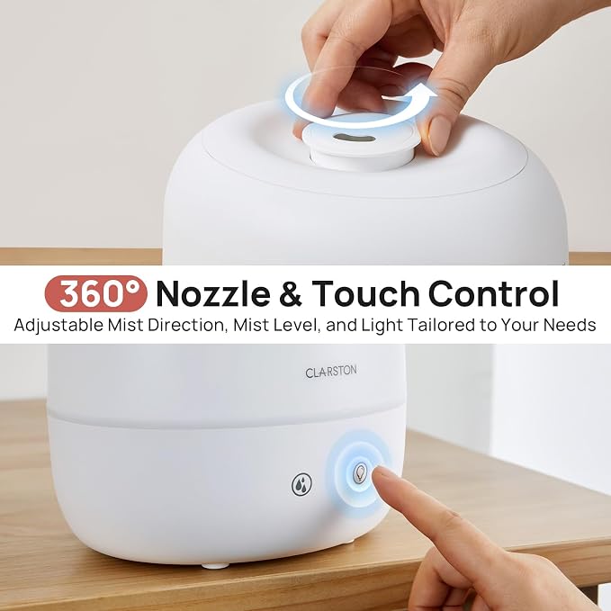 2L Cool Mist Humidifier for Bedroom with 360° Adjustable Nozzle, High and Low Mist Levels, Ultra-Low Noise, Light-Off, No